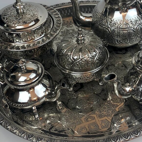 Vintage Moroccan Tea & Coffee Set 6-Piece Handmade in Fes Silver Plate - Picture 14 of 15